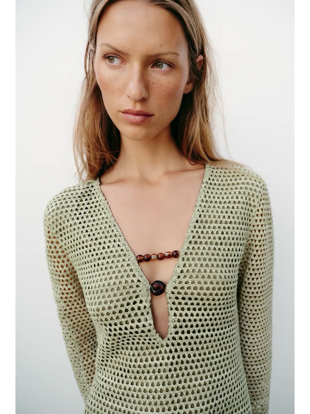 Zara Light Olive Crochet V-Neck Swim Coverup/ Dress with Bead Detail NWT